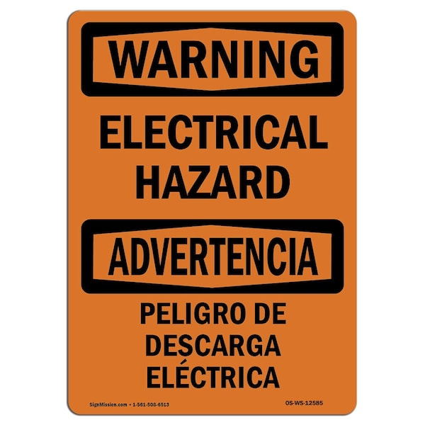 Safety Sign, OSHA WARNING, 7" Height, 10" Width, Aluminum, Electrical Hazard Bilingual, Landscape